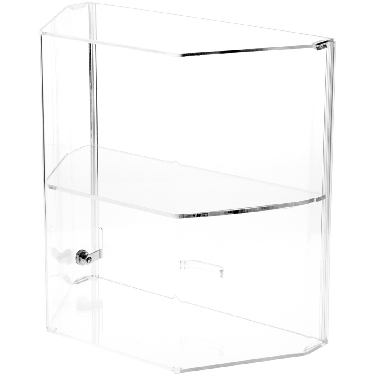 Plymor Clear Acrylic Locking Display Case with Angled Sides and Sliding Back, 1 Shelf
